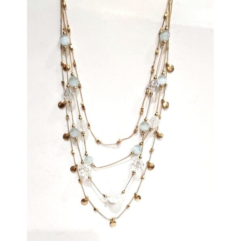 Necklace-Triple Gold Tone Chain w Gold Disks, Lucite & Pale Green Moonglow Beads